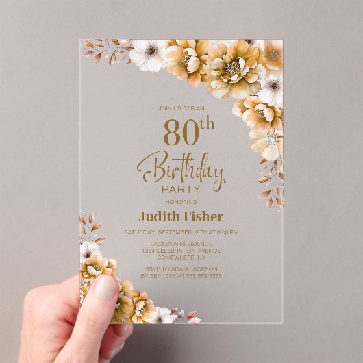 Stijlvol Sinaasappel Bloemen 80ste Verjaardagsfees Acryl Uitnodigingen (Insitu (Draagbaar))