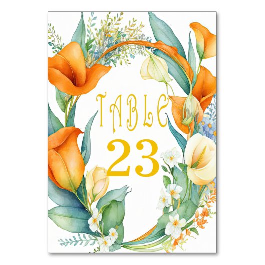 Stijlvol Sinaasappel- en Ivory Calla Lily-tabelnum Kaart (Achterkant)