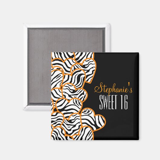 Stijlvol Sinaasappel Sweet 16 Zebra Heart Design N Magneet (Voorkant / Achterkant)