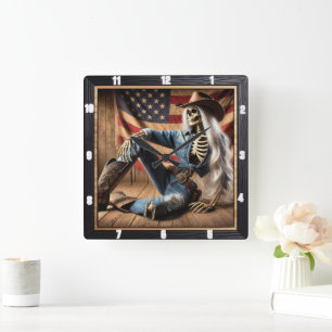 Stijlvol skelet in Westerne kleding Amerikaanse vl Vierkante Klok