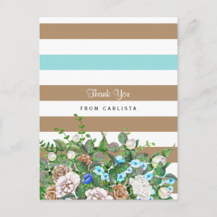Stijlvol Tan en Aqua Floral en Stripes Dank u Briefkaart