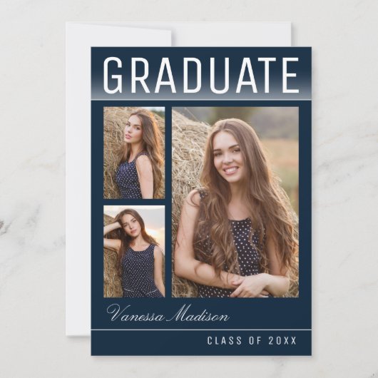 Stijlvol Trendy Modern 3 Photo Navy Blue Afstudere Aankondiging (Voorkant)