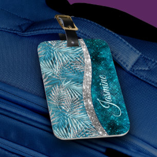 Stijlvol turkooizen zilverglitter verlaat monogram bagagelabel