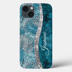 Stijlvol turkooizen zilverglitter verlaat monogram iPhone 13 hoesje