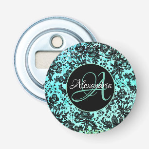 Stijlvol Turquoise Blue en Black Floral Monogram Button Flesopener