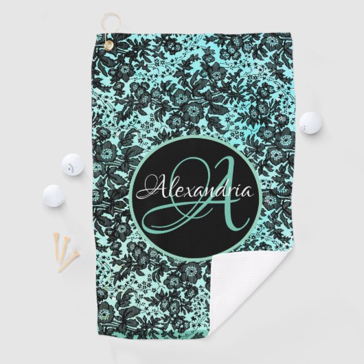 Stijlvol Turquoise Blue en Black Floral Monogram Golfhanddoek (Insitu)