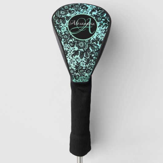 Stijlvol Turquoise Blue en Black Floral Monogram Golfheadcover (Voorkant)