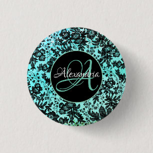 Stijlvol Turquoise Blue en Black Floral Monogram Ronde Button 3,2 Cm