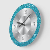 Stijlvol Turquoise Blue Glitter Silver Numbers Grote Klok (Hoek)