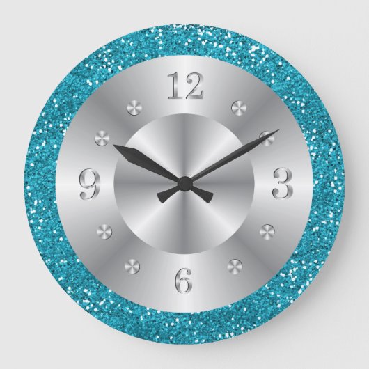Stijlvol Turquoise Blue Glitter Silver Numbers Grote Klok (Voorkant)