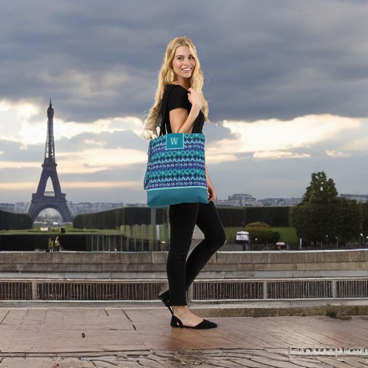 Stijlvol Turquoise Paarse Tribal Pattern Monogram Draagtas