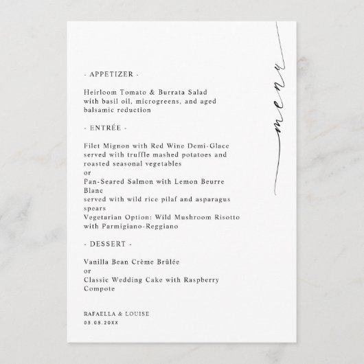 Stijlvol verlovings-, trouw- of bruidsfeestmenu kaart (Voorkant)