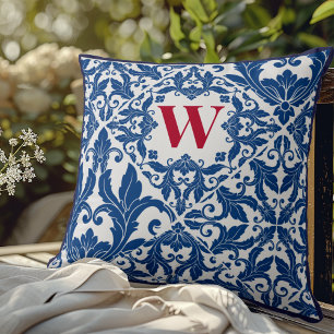 Stijlvol vintage marineblauw damast monogram kussen