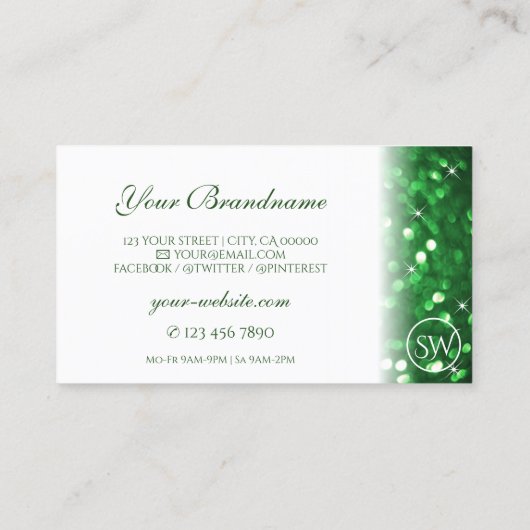 Stijlvol wit en groen glitter monogram visitekaartje (Achterkant)