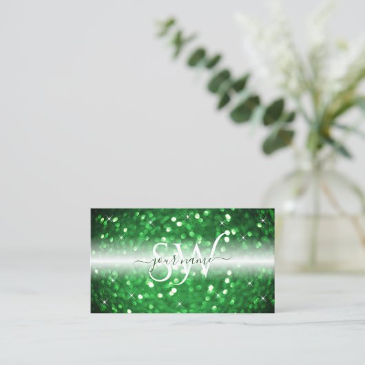 Stijlvol wit en groen glitter monogram visitekaartje (Staand voorkant)