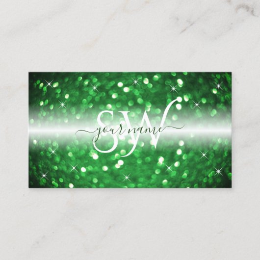 Stijlvol wit en groen glitter monogram visitekaartje (Voorkant)