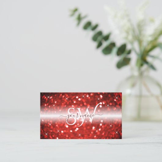 Stijlvol wit rood glitter monogram modern visitekaartje (Staand voorkant)