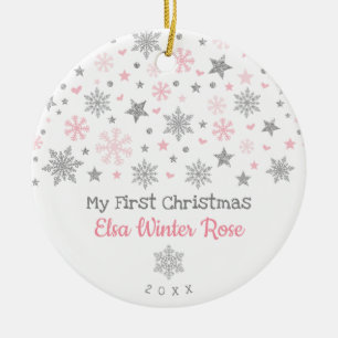 Stijlvol zilver roze snowflake Baby, eerste kerstd Keramisch Ornament