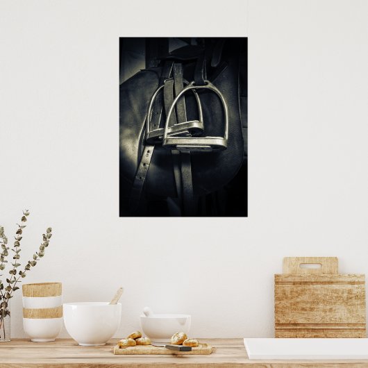 Stijlvol zilver Stirrups op het Engelse zadelzadje Poster (Keuken)