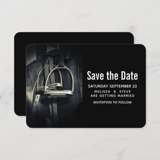 Stijlvol zilver Stirrups op het Engelse zadelzadje Save The Date (Voorkant / Achterkant)