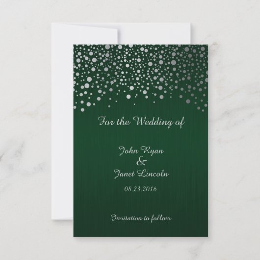 Stijlvol zilveren Confetti Stippen | Donkergroen Save The Date (Voorkant)