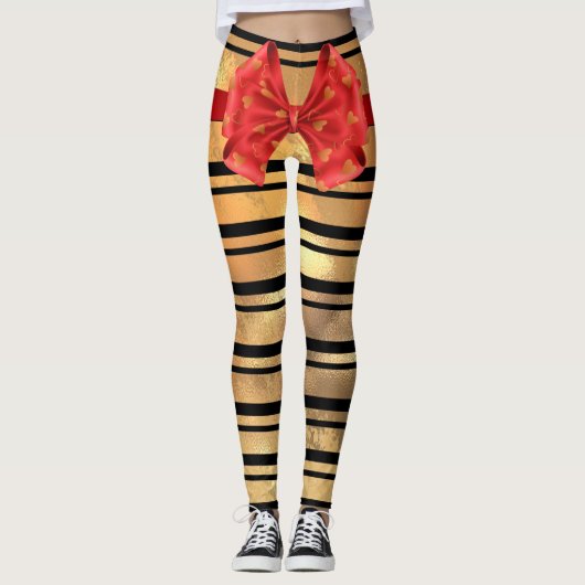 Stijlvol zwart en goudglitter Stripes Modern Bow Leggings (Voorkant)