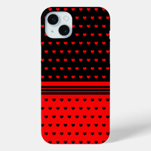 Stijlvol zwart en rood hartenpatroon iPhone 15 mini hoesje