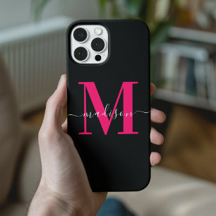 Stijlvol zwart en vet Hot Pink Monogram Initiaal iPhone 13 Pro Max Hoesje