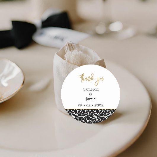 Stijlvol zwart en wit gebladerte dank u ronde sticker