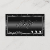 Stijlvol zwart en wit met diamanten en monogram visitekaartje (Voorkant)