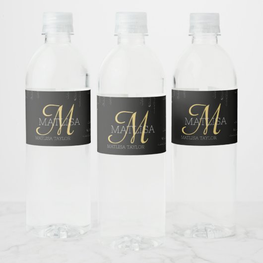 Stijlvol zwart monogram drift zwart Gold Script Waterfles Etiket (Flessen)