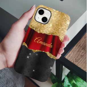 Stijlvol zwart monogram Glitter Red Gold Case-Mate iPhone 14 Hoesje