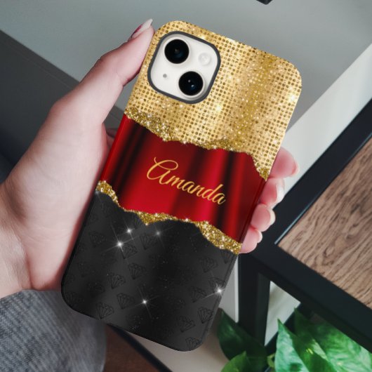 Stijlvol zwart monogram Glitter Red Gold Case-Mate iPhone Case