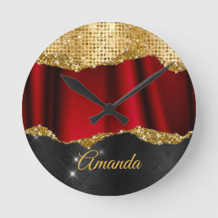 Stijlvol zwart monogram Glitter Red Gold Ronde Klok