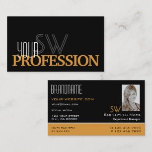 Stijlvol zwart Oranje eenvoudig monogram en foto Visitekaartje