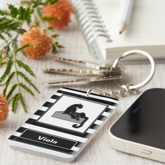 Stijlvol zwart pantherkat — wit modern sleutelhanger (Voorkant Rechts)