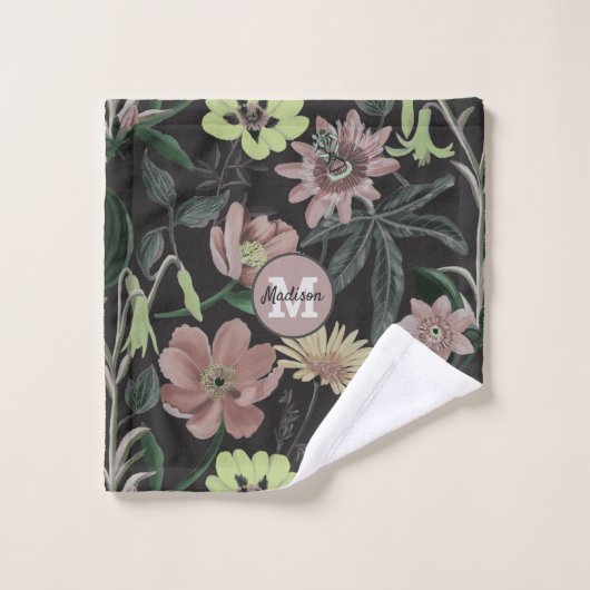 Stijlvol zwart, persoonlijk monogram, Floral Patro Bad Handdoek (Wasdoekje)