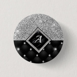 Stijlvol zwart ruitmonogram Crystal Silver Ronde Button 3,2 Cm