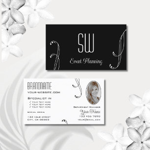 Stijlvol zwart wit met monogram en foto visitekaartje