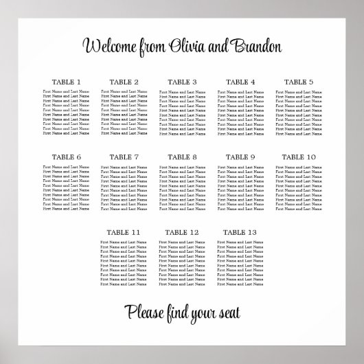 Stijlvolle 13 Tafel Bruiloft Zitplaatskaart Poster (Voorkant)