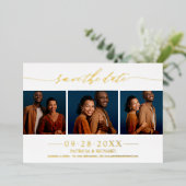 Stijlvolle 3 foto's Weddenschap sparen de datum Folie Uitnodiging (Staand Voorkant)