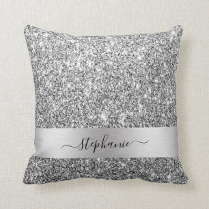 Stijlvolle aangepaste naam script Silver Glitter L Kussen