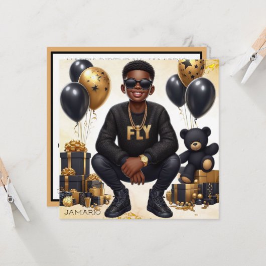 Stijlvolle Afro-Amerikaanse jongen zwart/gouden ve Kaart (Voorkant / Achterkant in situ)