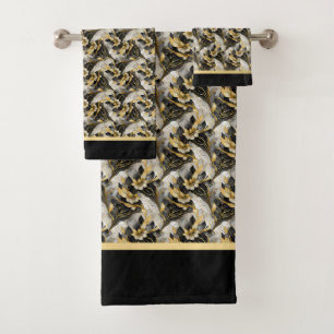 Stijlvolle Aziatische Zwarte en Gouden Bloemenset Bad Handdoek