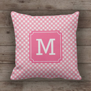 Stijlvolle Baby Pink Gingham naam Monogram Kussen