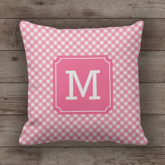 Stijlvolle Baby Pink Gingham naam Monogram Kussen