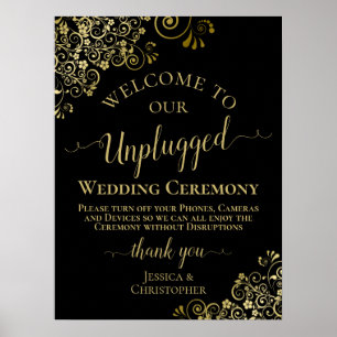 Stijlvolle Black & Gold Unplugged Wedding Ceremony Poster