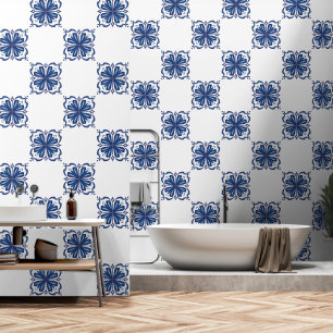 Stijlvolle blauw en wit bloemenmediterrane Tegel Behang