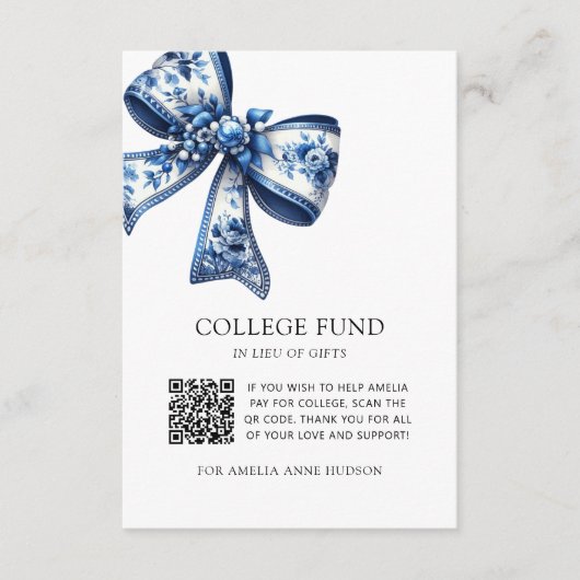 Stijlvolle Blauwe Bloemboog QR Code College Fund Informatiekaartje (Voorkant)
