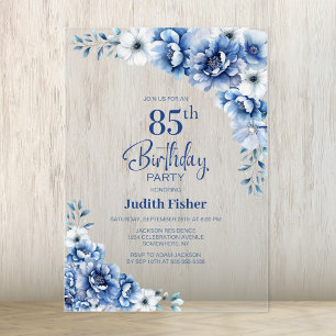 Stijlvolle Blauwe Bloemen 85ste Verjaardagsfeest Acryl Uitnodigingen